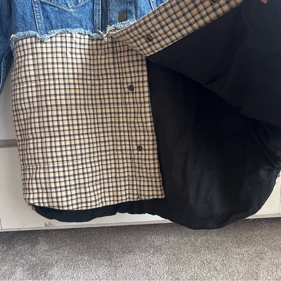 SANDRO PARIS Denim Plaid Hybrid Jacket Cropped  Shacket Trucker Coat Overshoot - Picture 6 of 12